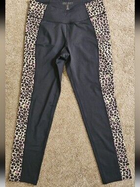 0BETSEY JOHNSON PERFORMANCE LEGGINGS BLACK/LEOPARD Size Large